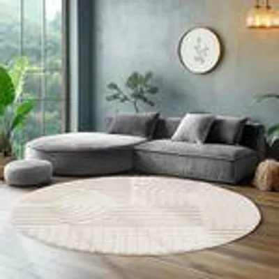 Produktbild von Hochflor Rund Teppich Wohnzimmer Küchenteppich Schlafzimmer Flur Skandi Boho Teppich 3D Design Flauschig Weich , Größe : 200 cm Rund , Farbe : Creme