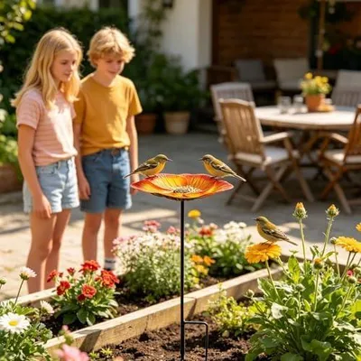 Produktbild von Vogeltränke für den Außenbereich 63 cm Metall Blumen Wasserstation | Vogelbad mit Erdspieß Für und Schmetterlinge Gartenhof Rasen Terrasse Bauernhof