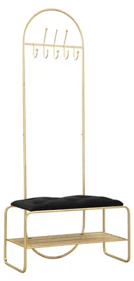 Imagen del producto de Banco perchero Glam Gold: Asiento de terciopelo, respaldo con 8 ganchos y estante de rejilla, dimensiones 80 x 38,5 x 180 cm - Modelo 940