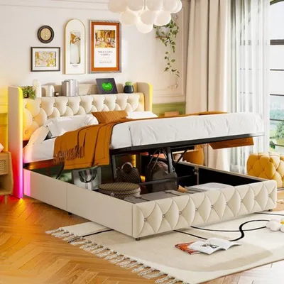 Zdjęcie produktu dla Łóżko dwuosobowe 140x200 cm - z materacem, oświetleniem LED, portami USB i miejscem do przechowywania - łóżko z pojemnikiem
