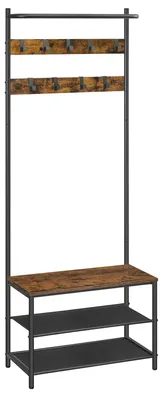 Produktbild von Flurmöbel - Garderobenständer mit Schuhbank - 9 abnehmbare Haken - Kleiderstange - Maße 64 x 32,2 x 180 cm - Braun