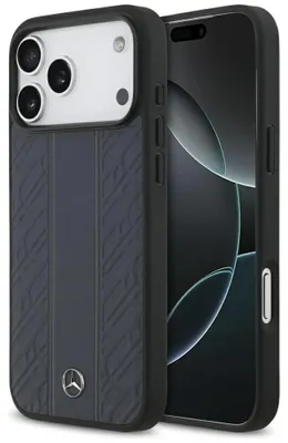 Image de Etui Mercedes MagSafe iPhone 17 Pro Max en cuir véritable bleu Logo étoile métal