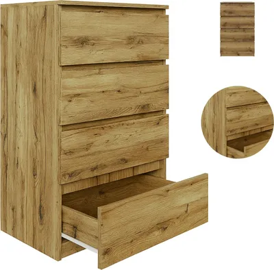Produktbild von YUMEBLY | Kommode BASIC mit 4 Schubladen, 61x97x40 cm – praktische Kommode für Wohnzimmer, Schlafzimmer und Büro | Artisan-Eiche