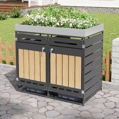Zdjęcie produktu dla Flieks – zabudowa na pojemniki na śmieci z donicą, szafka na pojemniki z zamkiem na 2 pojemniki, 120–240 l, 131 x 79 x 120 cm, czarna