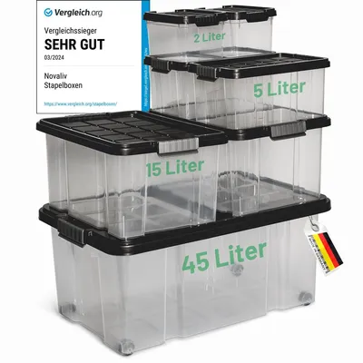 Produktbild von Novaliv 7 tlg Sparset Aufbewahrungsboxen mit Deckel Anthrazit 1x45 L + 2x 15L + 2x 5L + 2x 2L Nestbar stapelbar Clipverschluss Rollboxen BPA-frei