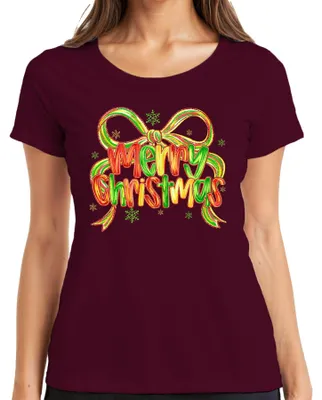 Produktbild von Merry Christmas glitzer schleife schneeflocke festlich Geschenk Damen T-Shirt, Burgundy, M