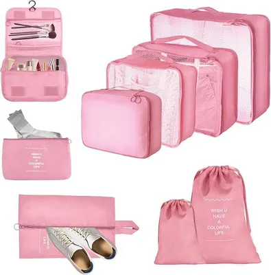 Produktbild von PolkaHome® Reise-Organizer-Set 9-teilig, Packwürfel mit Reißverschluss, wasserdichte Koffer-Organizer, Kleidertaschen, Schuhbeutel,