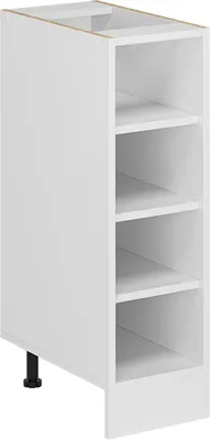 A white kitchen cabinet with four open shelves and a black leg.