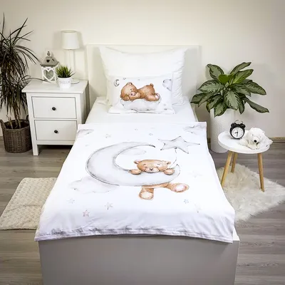 Obrázok produktu pre Detská obojstranná posteľná bielizeň medvedík hviezdy mraky mesiac na spanie prikrývka 100 x 135 cm + vankúš 40 x 60 cm 100% bavlna