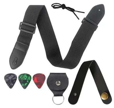 Zdjęcie produktu dla Pasek do gitary regulowany skórzany z 3 kostkami dla gitarzysty