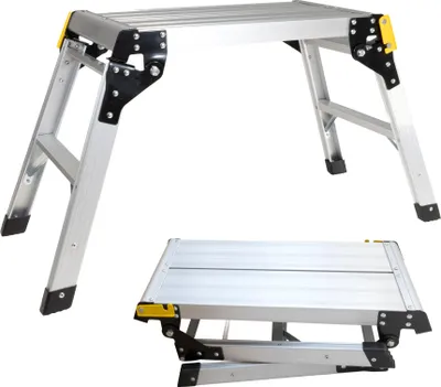 Produktbild von Kompakte Arbeitsplattform bis 150 kg belastbar, Arbeitsbühne 50 cm hoch, Aluleiter mit 2 Stufen