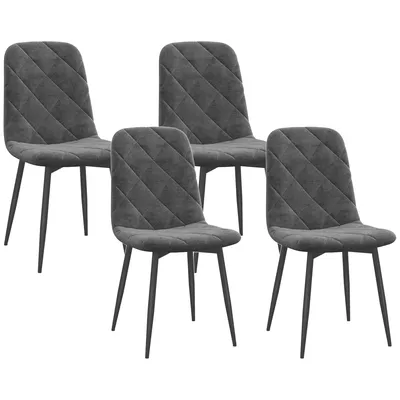 Image de HOMCOM Lot de 4 chaises de salle à manger, chaises de cuisine rembourrées avec dossier haut, pieds en acier et tissu effet velours, pour salon, chambre, cuisine, gris