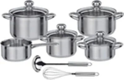 Immagine prodotto di GSW Silver Star Set di 11 pezzi, acciaio inox, vetro, pentola per carne con coperchio in vetro ø circa 16 x H 9,5 cm / ø circa 20 x H 12,0 cm / padella per arrosti con coperchio in vetro ø circa 16 x H 7,8 cm / ø circa 20 x H 9,9 cm / casseruola ø circa 16 x H 8,0 cm / mestolo / frusta