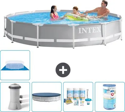 Produktbild von Gartenpool Rund Prismenrahmen - 366 x 76 cm - Grau - Mit Pumpe Abdeckvorhang - Pflegepaket - Filter - Bodenabdeckung