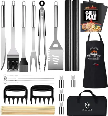 Image de Set d'ustensiles de barbecue en acier inoxydable 21 pièces avec pince à barbecue et tablier de barbecue
