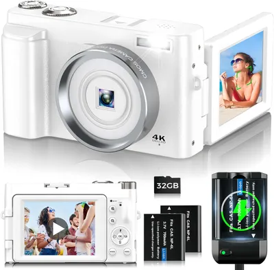 Produktbild von Digitalkamera 4K, 48MP 16X Autofokus Digitalzoom Fotokamera, 180° Flip HD 3,0" Vlogging Kamera mit Ladestation, tragbare Kompaktkamera, Weiß