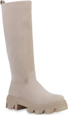 Produktbild von VAN HILL Damen Stiefel Plateaustiefel Blockabsatz Profil-Sohle Schuhe 837680, Farbe: Beige Velours, Größe: 38