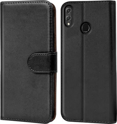 A black flip case for a smartphone is shown from the front and back.