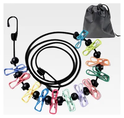 Produktbild von Tragbare Reise-Wäscheleine, Einziehbare Outdoor-Wäscheleine mit 12 Clips und 13 Positionierungsschnallen für Reisen und Camping (180-360 cm)