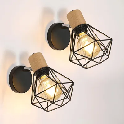 Immagine prodotto di 2 pezzi applique da interno vintage, lampada da parete regolabile retrò, faretto da parete, plafoniera, metallo e legno, per soggiorno scala corridoio, nero