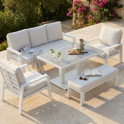 Immagine prodotto di Milani Home - salotto da giardino, alluminio e tessuto, con tavolino e cuscini, 5 posti, bianco e beige