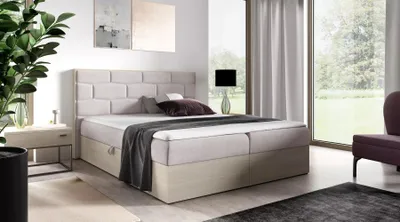 Obrázek produktu pro Čalouněná manželská postel 200x220 CHANTELLE 9 - nordic teak / béžová + topper