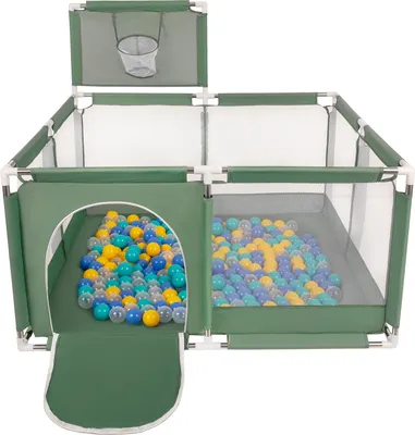 Produktbild von Selonis Laufstall Mit Korb Und 400 Bälle Laufgitter Für Kinder, Grün:Türkis/Blau/Gelb/Transparent