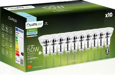 Obrázok produktu pre LUMILED GU10 LED žiarovky 6W (nahrádzajú 50W) 6500K studená biela žiarovka 580lm, AC 230V 38°, reflektor, reflektory sada 10 ks