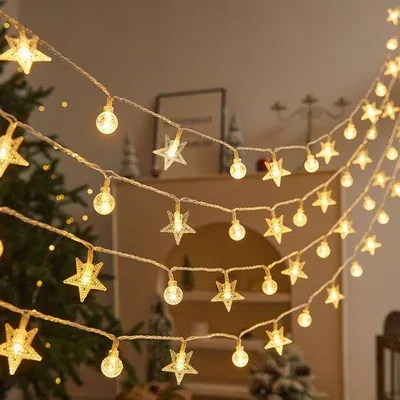 Image de Petites guirlandes lumineuses LED en forme d'étoiles pour le camping - 2 pièces - 10 m - lumière chaude - USB - toujours lumineuses