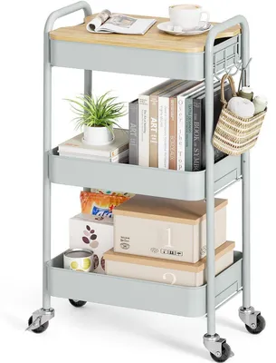 Immagine prodotto di Carrello a 3 ripiani, piano in legno verde, con 4 ruote