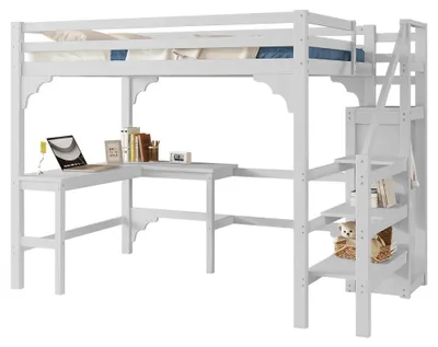 Image de Lit superposé - 140 x 200 cm - Bureau en forme de L - Armoire - Espace de rangement - Structure en bois - Blanc