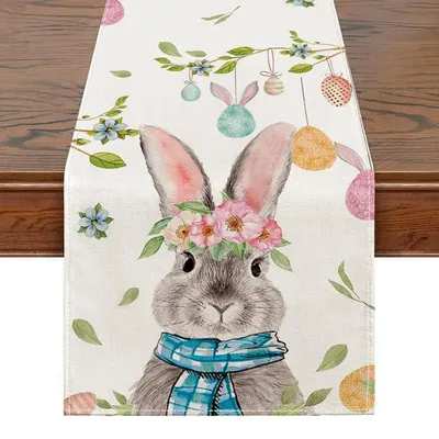 Image de Nappe de table pour Pâques, motif lapins et œufs, 183x33 cm, en toile de jute, idéale pour une fête de printemps ou un anniversaire