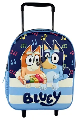Obrázek produktu pro Modrý batoh Bluey, vhodný do školky, s kolečky, 3D design, rozměry 32 cm