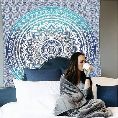 Produktbild von Wandteppich, blau-weißer Wandteppich – 150 x 200 cm, Boho-Stil, Strand-Wanddekoration