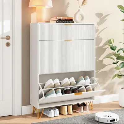 Zdjęcie produktu dla Szafka na buty, biała, z 2 drzwiczkami i ukrytą półką, wąska, głębokość 24 cm