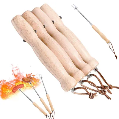 Produktbild von 4 Edelstahl-Grillspieße mit Holzgriffen, Grillzubehör, zum Grillen, Lagerfeuer und Camping, auch für Hot Dogs und Kebabs verwendbar