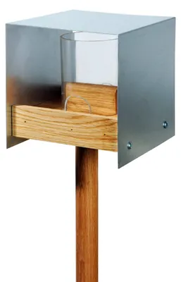 Zdjęcie produktu dla Dębowy domek dla ptaków z aluminiowym dachem, tacą na karmę i silosem na karmę, w tym stojak (karmnik dla ptaków)