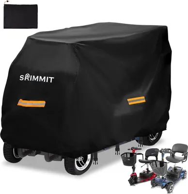 A black cover for a mobility scooter is shown, with a smaller black pouch in the top left corner. Several small mobility scooters are shown in the bottom right corner.