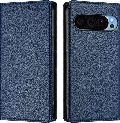 A blue leather phone case is shown from two angles, front and back.