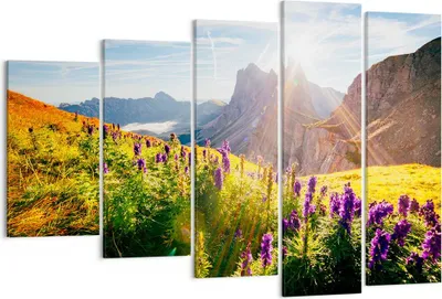Produktbild von Bild auf Leinwand - Leinwandbild - Berge Wiese Blumen - 150x100cm - Wand Bild - Wanddeko - Leinwanddruck - Bilder - Kunstdruck - Wanddekoration - Leinwand bilder - Wandkunst - EG150x100-4008