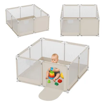 Produktbild von Tulano Cozy 20 Laufstall mit Boden für Kinder, Indoor & Outdoor, Metallrahmen, Netzseiten, rutschfeste Füße, Beige