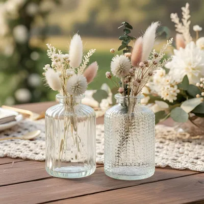 Produktbild von 2er Set Vasen Glas Transparent mit Retro-Muster Kleine Dekovasen für Tischdeko Wohnzimmer Hochzeit Vintage Glasvasen