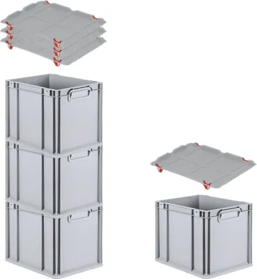 Produktbild von SuperSparSet 4x Eurobox NextGen Economy mit Auflagedeckel und 4x Schiebeschnappverschlüsse Rot | Griffe geschlossen | HxBxT 32x30x40cm | 30 Liter | Eurobehälter, Transportbox, Transportbehälter, Stapelbehälter