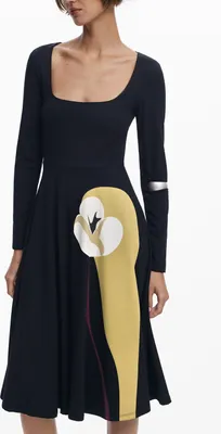 Produktbild von Schwarzes Damenkleid mit Langen Ärmeln und Elegantem Druck