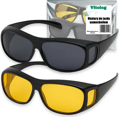 Two pairs of sunglasses, one with dark lenses and one with yellow lenses, are displayed against a white background. A plastic bag with text and a barcode is behind the sunglasses.
