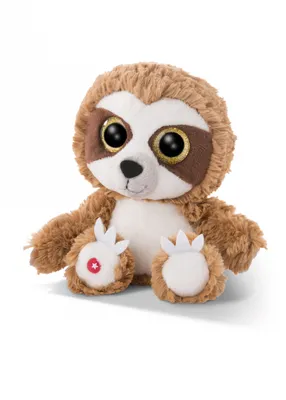 A plush toy sloth is sitting on a white background.