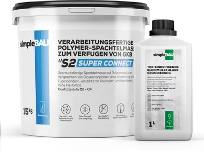 Produktbild von SimpleBau Spachtelmasse 15 kg und Tiefengrundierung 1L , Polymerbasierte Fertigspachtel für Gipskartonplatten und gebrauchsfertiger Tiefgrund