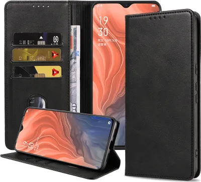 Produktbild von Smartphonica Handytasche passend für Oppo Reno Z Kunstlederhülle mit Magnetverschluss und Kartenhalter Buchhülle mit Klappe - Schwarz