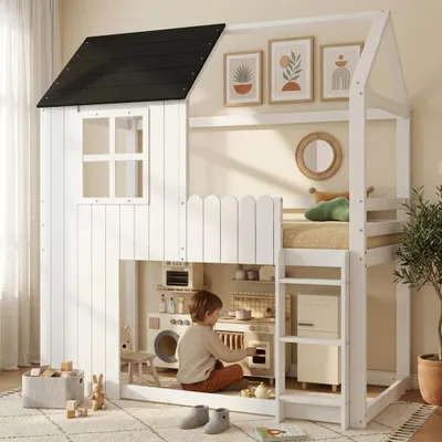 Zdjęcie produktu dla Łóżko piętrowe, łóżeczko dziecięce, eleganckie okna, piękna architektura domu, schody z trzema stopniami, ogrodzenie z każdej strony, kolor biały i czarny, wymiary 90x200 cm