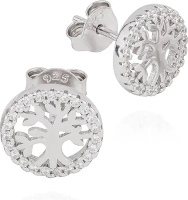 Produktbild von Paar Ohrstecker Baum des Lebens 925 Silber Zirkonia Weiß 10mm Damen Ohrringe